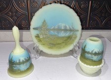 Fenton CUSTARD MOUNTAIN REFLECTIONS Fairy Lamp/Plate/Bell Set Limited 1981 Glow picture