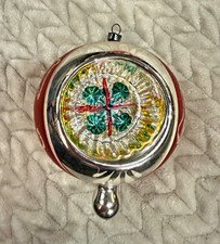 Vintage 4” Jumbo Glass Christmas Ornament Shamrock Clover Reflector Indent Drop picture