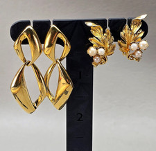 Vintage Earrings Lot Lisner Napier Gold Tone Faux Pearl Leaf Signed 2 Pair picture