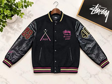 Stussy Men’s Black Varsity Jacket M Snap Front Embroidered Accents Pockets picture
