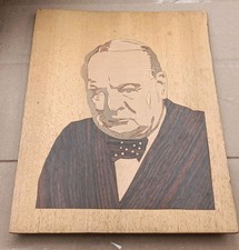 Vintage WINSTON CHURCHILL Marquetry Inlaid Wood Portrait Plaque  picture
