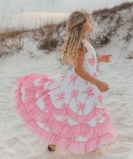 Kids Bella Pink Bow Flutter Sleeve Ruffles Spring Dress picture