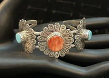 J Draper Signed Navajo Handmade Sterling, Turquoise and Orange Spiny Concho Cuff picture