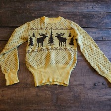1940s Vintage Jersild Yellow Virgin Wool Moose Tree Knit Sweater Mens Nordic MCM picture