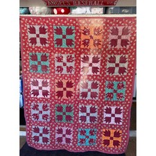 Vintage Style Bear Paw Patchwork Cutter Quilt Red Pink Floral Multi Color 80x66 picture