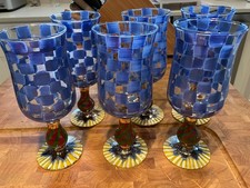 MacKenzie-Childs Vintage Retired Circus Blue Check Tall Water Goblet Set of 6 picture