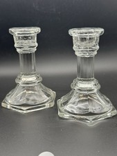 F.T.D.A. Clear Glass Candlestick Holders Ribbed Stem Hexagonal Base Taper 4