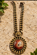 Custom Hand Gold Tone Curb Chain Necklace Lion Head Charm Round Brown picture