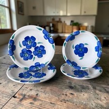 Pier 1 Hand Painted Blue Floral Tre Ci Italy Dinner Plates And Bowls 4 Pc Set picture
