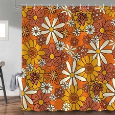 Daisy Flower Shower Curtain, Vintage Orange Funky 70s Sun Flowers Boho Colorf... picture