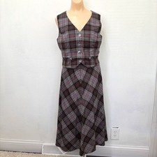 Womens Vintage Tartan Plaid Midi Skirt Vest Set Small Handmade 70s Retro Cottage picture