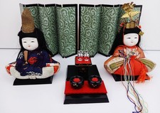 VINTAGE JAPANESE HINA DOLLS EMPEROR & EMPRESS KIMEKOMI SET WITH BYOBU SCREEN 🇯 picture