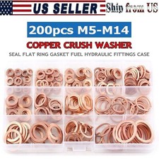 200PCS Solid Copper Crush Washer Gasket Set Flat O-Ring Seal Assortment Kits US picture