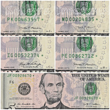 Lot of Five Star Notes Five Dollar Bills w/Years 2006,2009, 2013, 2017A picture