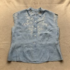 Vtg 50’s 60’s Powder Blue Rayon Linen Gabardine Sleeveless Shirt Lace Blouse L picture