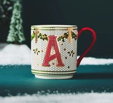 Anthropologie Festive Bistro Tile Stoneware Monogram Mug Letter 