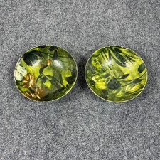 Vtg 60s 70s MCM Vibrant Fiberglass Bowls Set of 2 Green Hues Floral Leaves Decor picture