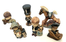 6 Vtg UCTCI Figurine Blue brown Matte Ceramic children boy girl Japan LOT cute picture