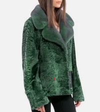 NEW GLAMOROUS Vintage REAL Persian Lamb Fur Jacket Mink Fur Collar /Coat/Green picture