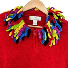 VTG Lisa Colorful Shaggy Fringe Collar 1/4 Zip Knit Sweater Red L 90s Grannycore picture