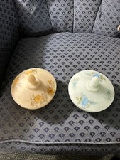 2 Vintage Fenton Satin Blue Yellow Custard Candy Dish W Lid Hand Painted Flowers picture