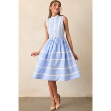 NWT Prosperina Emma Blue Micro Gingham Cotton Ribbon Trim Dress / Sizes S, M & L picture