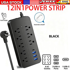 US Power Strip Surge Protector 8 AC Outlets 3 USB Ports + Type C Port 4 FT Cable picture