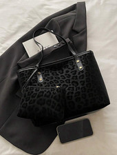 Women’s Black Leopard Print Tote Handbag, Faux Leather, Zip, Coin Purse, 37cm picture