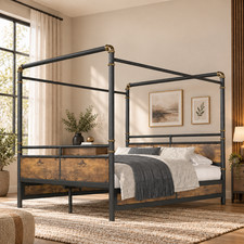 Queen Industrial Canopy Bed Frame Brown Metal 83