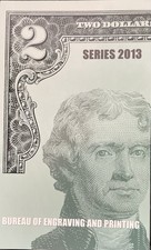 UNCIRCULATED SERIES 2013 TWO DOLLAR BILLS THAT ARE ALL  ON A SHEET - BRAND NEW picture