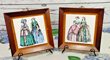 Vtg Decorative Tiles Featuring Stylish Victorian Women Framed In Wood Set of Two picture