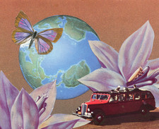 OOAK Original Collage Art Handmade Surreal Vintage Earth Car Butterfly Flowers picture