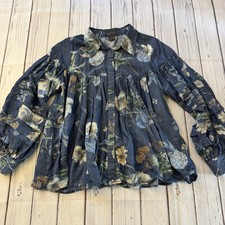 Gracia Floral Tencel Boho Peasant Blouse Pintuck Balloon Sleeve Womens Large picture