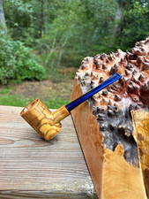 Olive wood Poker pipe with cobalt blue stem. Natural undyed. picture