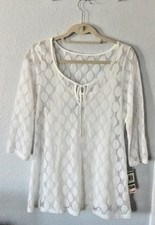 INC International Concepts Top Large White 3/4 Sleeve Layered Lace Blouse NWT picture
