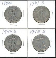 1940-S,1941-S,1944-S,1945-S US Walking Liberty Silver Half Dollar (4) Coin Lot b picture