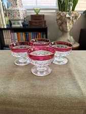Vintage King's Crown Thumbprint Cranberry Rim Footed Sherbet Glass - Set of 4 picture