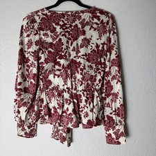 Flower & Feather Womens S Burgundy Floral Tie Front Puff Sleeve Blouse Fall Boho picture