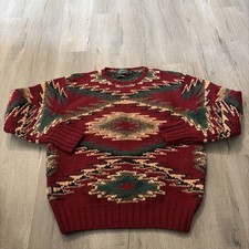 Vintage Polo Country Ralph Lauren Aztec Hand Knit Wool Sweater Red XL picture