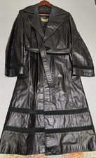 Vintage The Tannery Montgomery Ward Leather Overcoat Pockets Black  Belted M picture