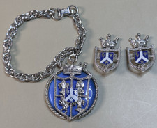 Vtg Coro Signed Heraldic Crest Bracelet Clip Earrings Blue Enamel Demi Parure picture