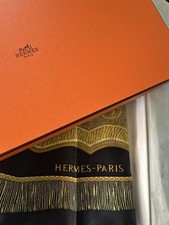 HERMÈS Silk Carre 90 Scarf Black Gold Blue Red “Poste et Cavalerie” with box picture