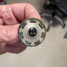 Antique Vtg BUTTON Hand Painted Brass Tin Shank Black Scrolls Flowers picture