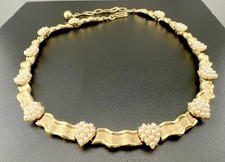 Vintage Trifari Birthday Ribbon Necklace Faux Pearl Gold Tone Choker Signed 16” picture