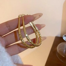 14K Real Solid Yellow Gold Diamond Cut Teardrop Hoop Earrings picture