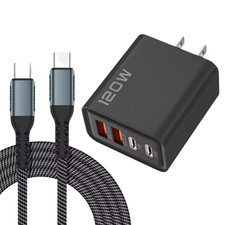 120W 4-Port USB-C Fast Charger US Plug + 100W USB-C Cable 2m PD QC3.0 Set picture