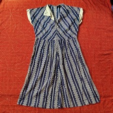 Vintage antique 1940s Blue White Geometric Diamond Print Zip Front Midi Dress picture