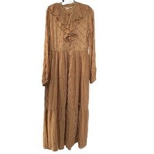 DOEN Women Maxi Dress Embroidered Tiered Ruffle Tan Brown Ramie Size Medium NWOT picture