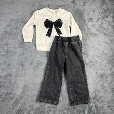 Shein Girls 2 Piece Outfit Set Size 5Y Beige Gray Bow Sweatshirt Pants Set picture