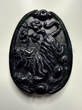 Chinese Carved Stone Tiger Pendant Amulet Dark Green Black Vintage Style picture